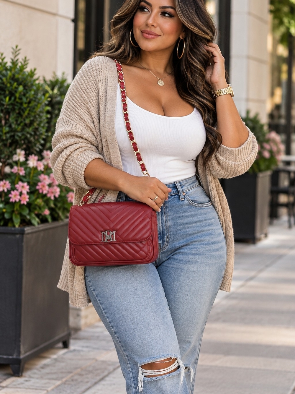Badgley Mischka Quilted Red Shoulder Bag with Gold Chain
